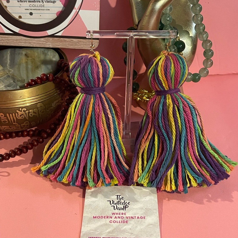 NEW Bohemian Crochet Bright Colorful Tassel Fringe Pom-Pom Boho Rainbow Earrings